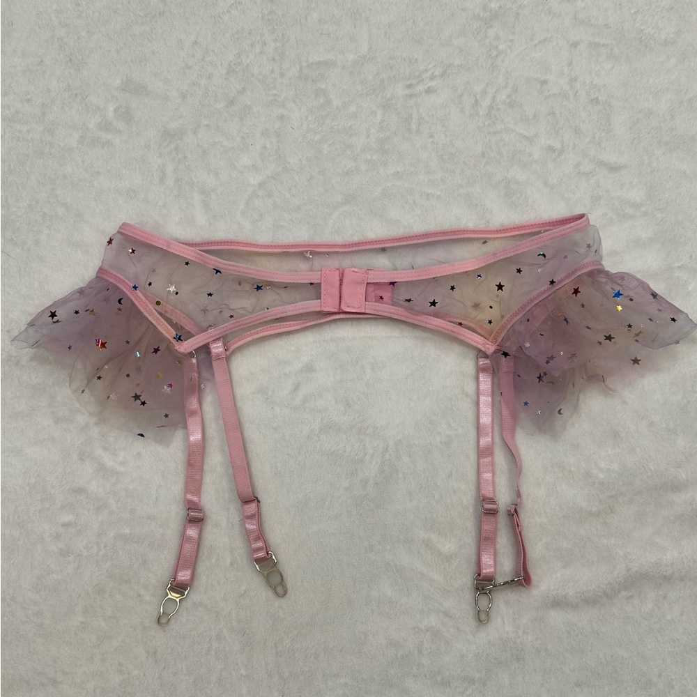Pink Sheer Lingerie Set L Star Mesh 3pc Garter Festival Rave Burlesque - Picture 4 of 9